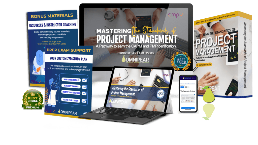 Mastering the Standards of Project Management course & program by OmniPear, with bonus materials, prep support, and best choice badges, highlighting PMP exam prep features.